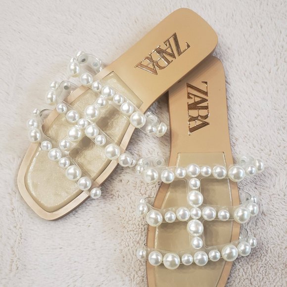 ZARA FLAT VINYL PEARL BEAD SANDALS Size 6 - Picture 3 of 6